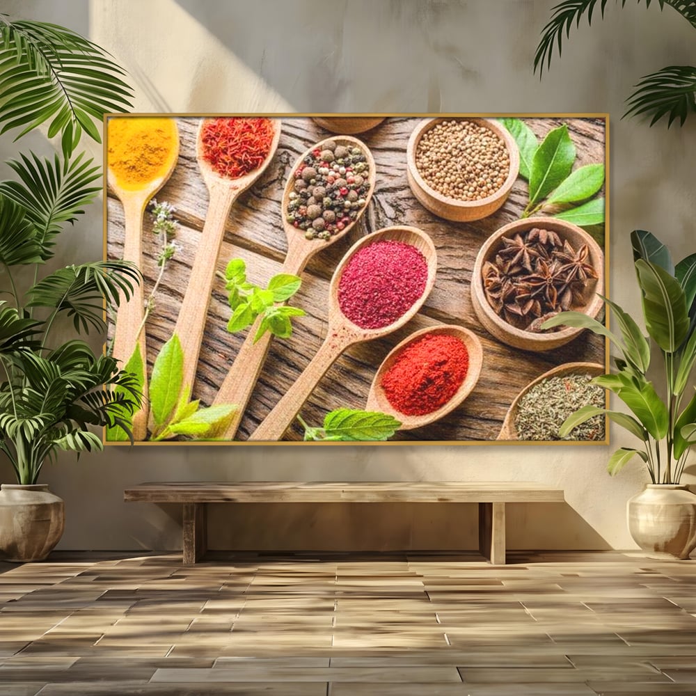 Tablou canvas cu tablou canvas cu condimente si linguri de lemn, in rama de aluminiu auriu